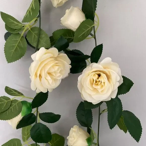 Cream Ivory Off White Rose Garland 7' Long Green Leaf Foliage Faux Flowers - Picture 2 of 4
